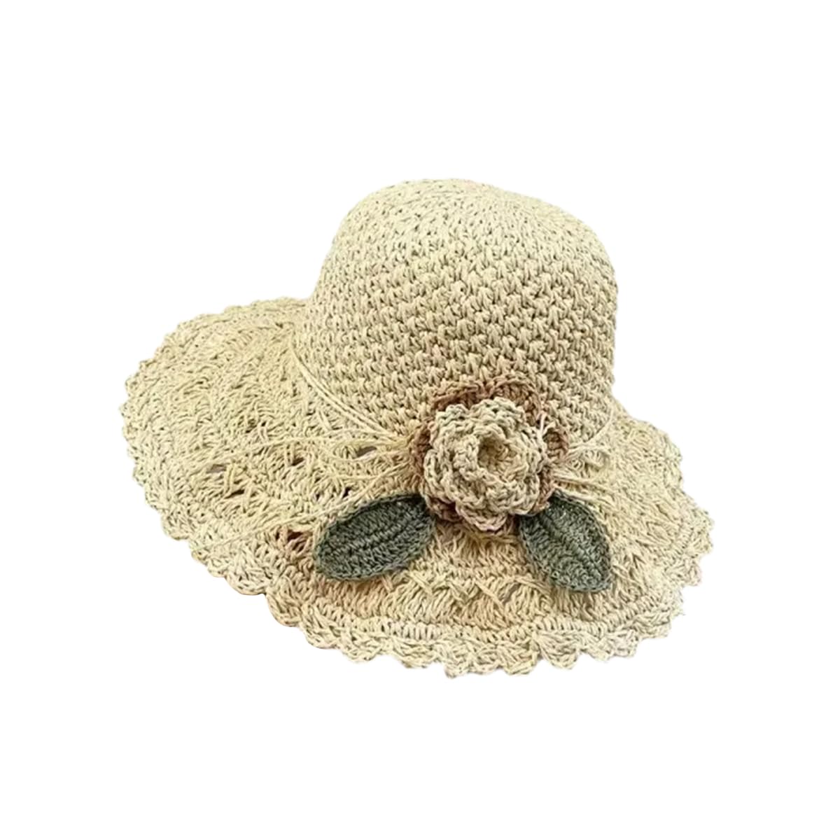 Generic Elegante Sombrero de Paja de Ganchillo con Detalle de Volantes, Sombrero de Ganchillo, Sombrero de Sol de Paja