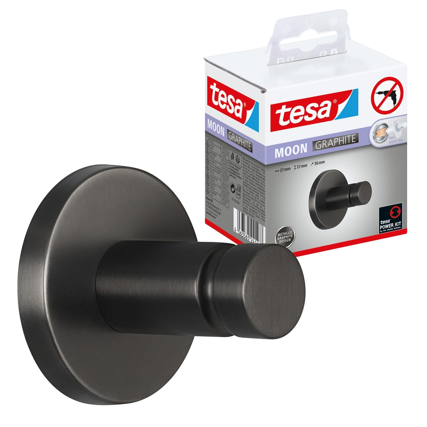 Tesa Uk Brushed Graphite Tesa Moon Towel Hook In - Self-Adhesive Towel Hook Made Of Pvd-Coated Metal - Drill-Free, Incl. Adhesive Solution - 37 Mm X 37 Mm X 36 Mm