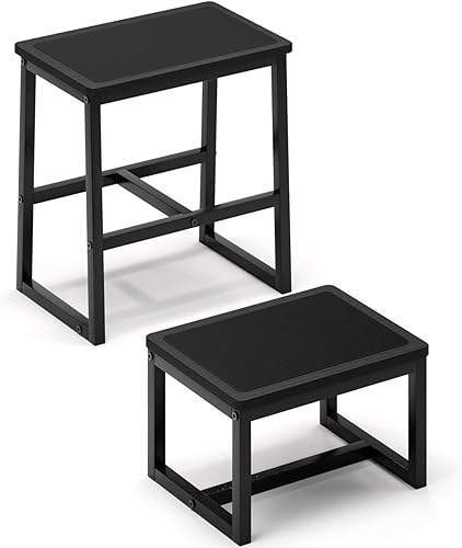 Miniatura 18 de Taburete de escalón para adultos, soporta hasta 500 libras, 3 en 1, resistente taburete de dos pasos para Kichen/baño/camas altas, marco de madera y