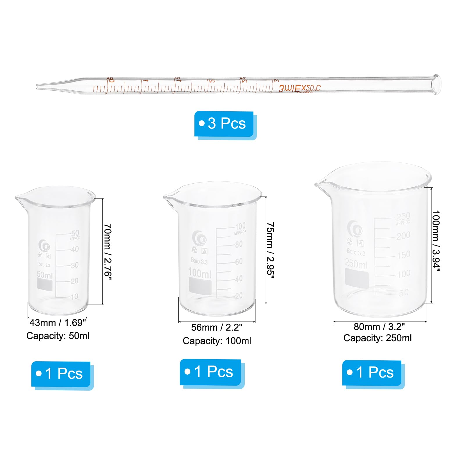 PATIKIL 50/100/250ml Low Form Glass Beaker, 3Pcs 3.3 Borosilicate Glass Beakers Graduated Measuring Cup with 3ml Glass Dropper for Lab Experiment Cooking Baking, Clear