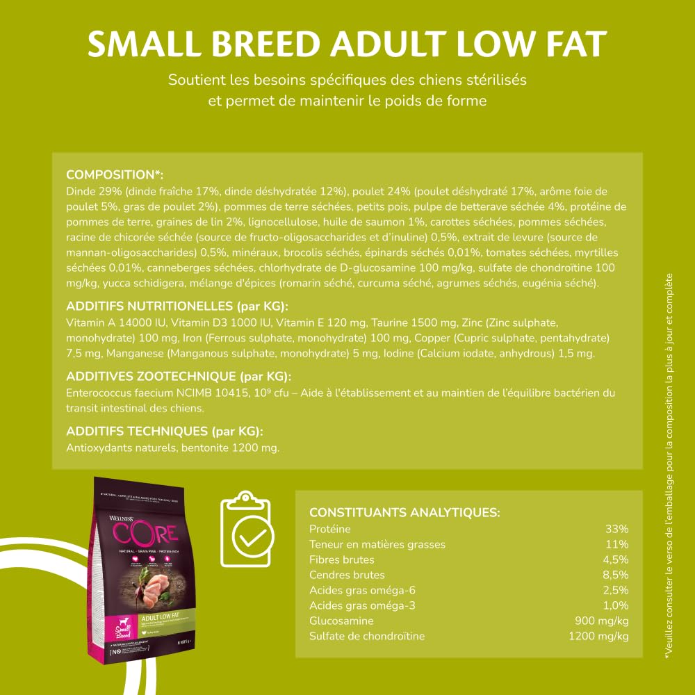 Wellness CORE Low Fat 5 kg, Dinde – Croquettes pour Petits Chiens, sans Céréales, Naturelles, Hypoallergénique, Riche en protéines, À Haute Teneur en Viande, Maintien d’Un Poids Sain