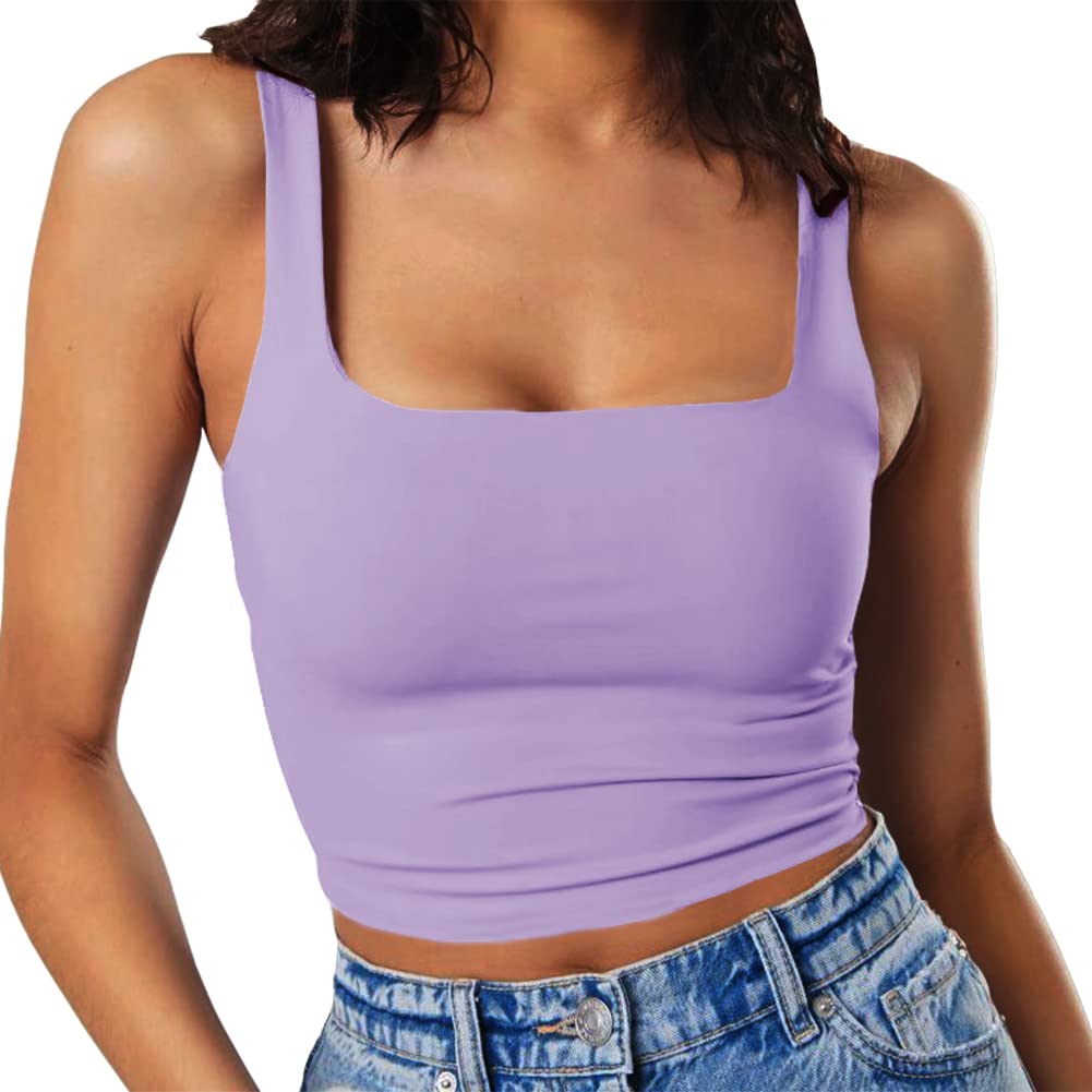Artfish Women's Sleeveless Strappy Seamless Crop Tank Tops Square Neck Workout Fitness Basic Cropped Camis Violet, L