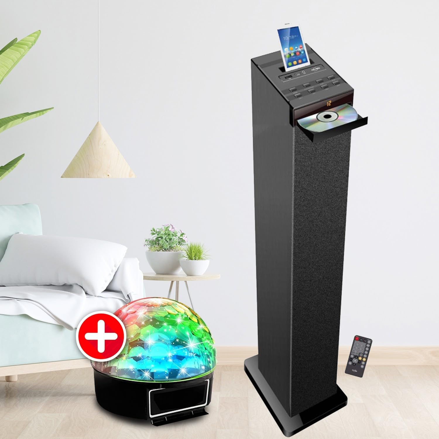 INOVALLEY Tour de Son Hifi 60W Noire avec Lecteur CD, Bluetooth, FM et USB, Télécommande, Jeu de lumière Boule LED, Colonne Chambre Salon