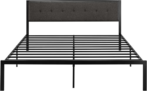 Miniatura 9 de SHA CERLIN Base de cama tamaño King con cabecera tapizada marco de cama de plataforma con listones de metal cabecera cuadrada capitonada con botones