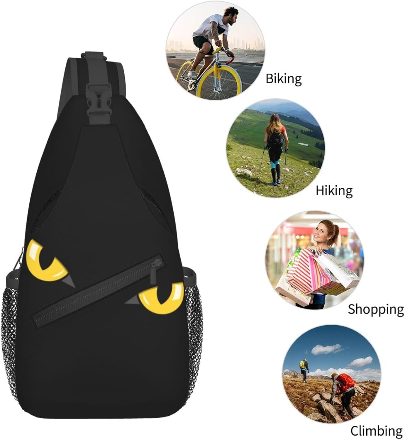 Cat Eyes Black Sling Crossbody Bag - Travel Hiking Chest Backpack, Casual Daypack For Women And Men, Lightweight Shoulder Purse For Daily Use And Outdoor Adventures