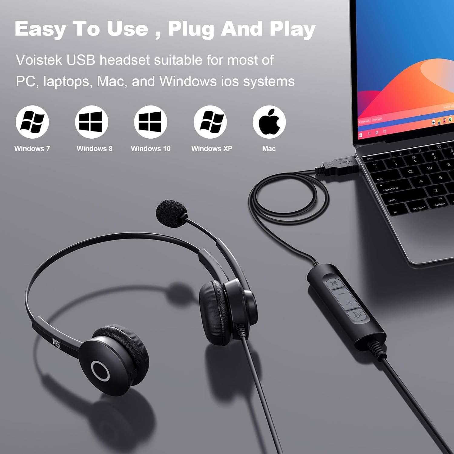 Voistek Cuffie USB con Microfono per PC, 3 in 1 (USB-C, USB-A, 3.5mm Jack), On-Ear Headset con Microfono Cancellazione del Rumore per Ufficio, Lavoro, Call Center, Zoom, Home Office, Corsi Online