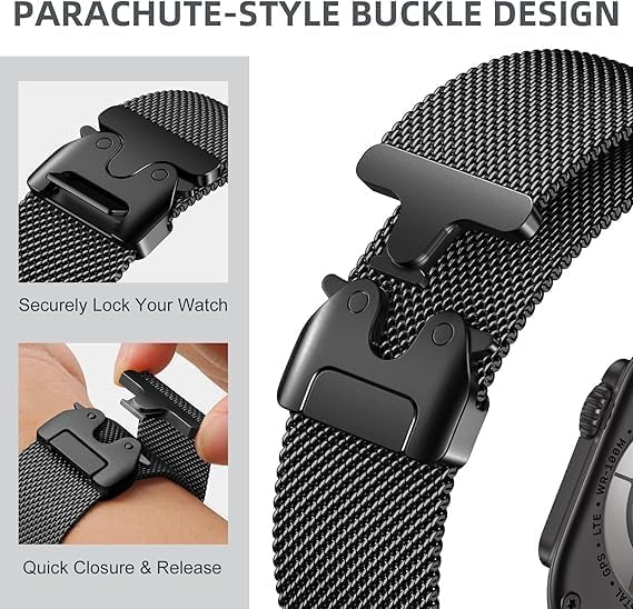 Image of GETSABLE Stainless Steel Mesh Loop Strap with Parachute-style Buckle Compatible with iwatch ultra 3 /2 /1 band 49mm, Series 11 /10 46mm, 9 /8 /7 45mm, SE2 /SE /6 /5 /4 44mm (Black)