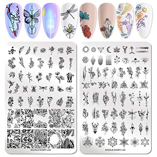 NICOLE DIARY Juego de placas para sellos de uñas XL de 2 uds, hojas, flores, mariposas, insectos, placa para uñas, plantilla, placa de imagen, Kit de estampado para decoración de uñas