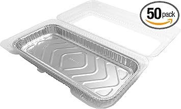 Handi-Foil 12" x 5" Oblong Aluminum Foil Danish Cake Pans w/Clear Plastic Hinged Lid Trays Pack of 50 Sets