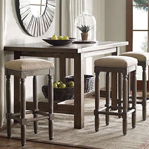 Renate Bar Stools, Set of 2, These Rustic Distressed Renate Linen Counter Backless Bar Stools Will Add Extra Seating and Style to Your Kitchen, Dining or Rec Room Bar. They will be a Vintage Addition to Any Room in the House. This Set Is Constructed of Solid Wood with a Handcrafted Reclaimed Wood Finish that has a Foam Padded Seat with Linen Cover.