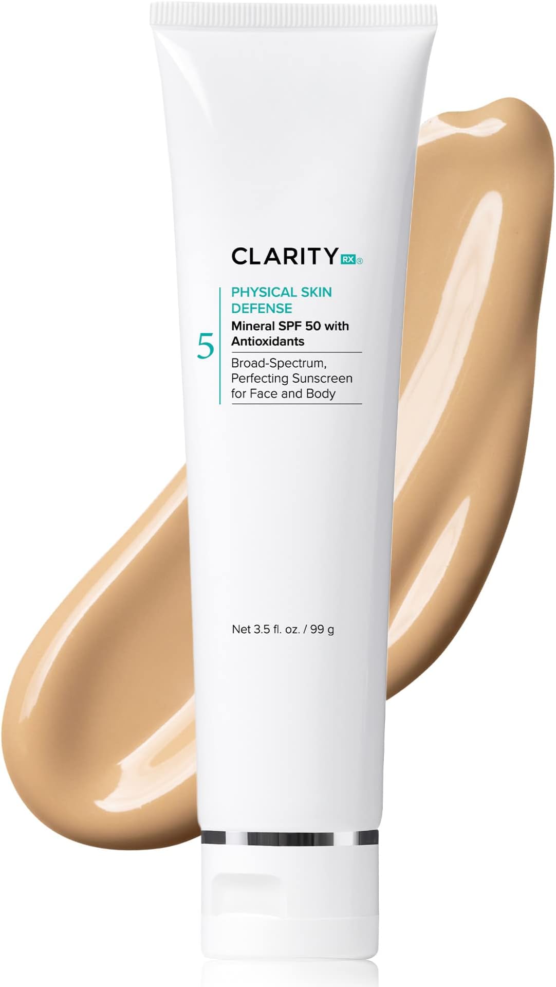ClarityRx Physical Skin Defense Tinted Mineral SPF 50 Moisturizing Sunscreen, Natural Plant-Based Water-Resistant UV Protection with Zinc & Hyaluronic Acid for Face & Body (3.5 oz)