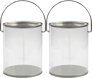 Cornucopia Brands Quart Size Clear Plastic Paint Cans (2-Pack, 5 in Tall); Faux Small Pails w/Bale for Crafts, Baby/Wedding Shower Decor, NOT Intended for Liquids/Heavy Objects