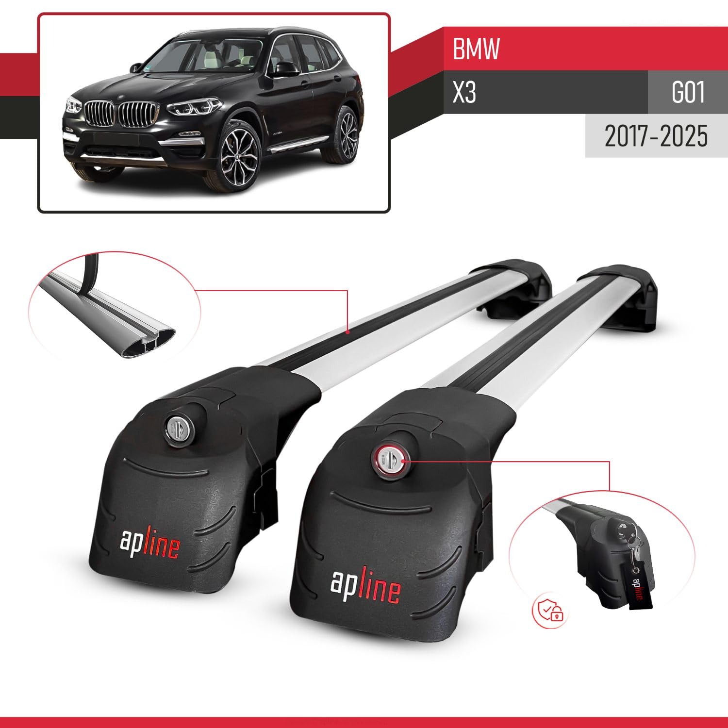 Compatibile con BMW X3 (G01) 2017-2025 Modello ACE-2 Barre Tetto Portapacchi Auto Barre Portatutto Grigio Alluminio 2 Barre