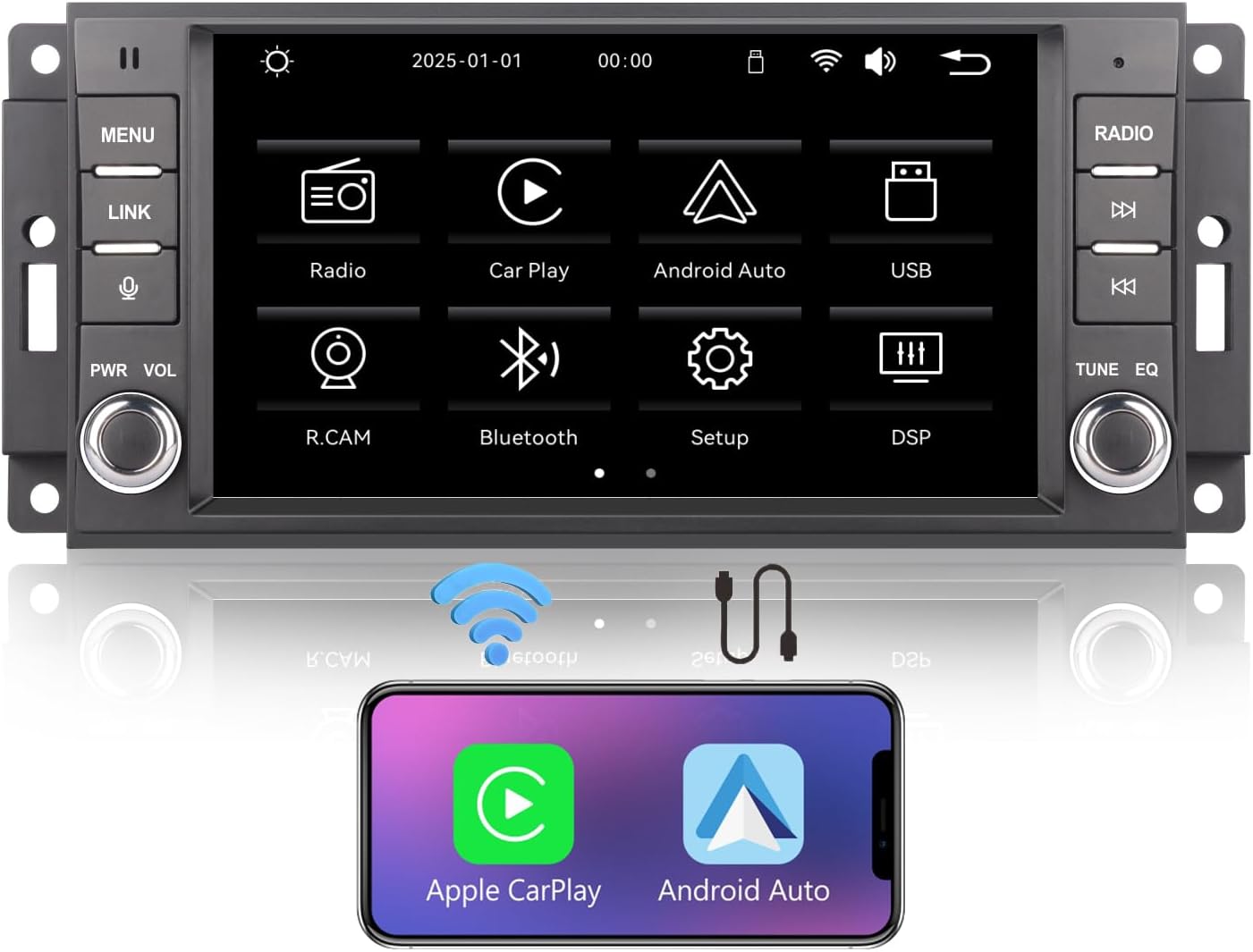 Fast Boot Linux Car Stereo Compatible with Jeep Wrangler Radio 2007-2018 Chrysler Dodge Ram 1500 | Bluetooth/Wireless CarPlay/Android Auto/FM/AM/RDS/USB | 180W DSP |