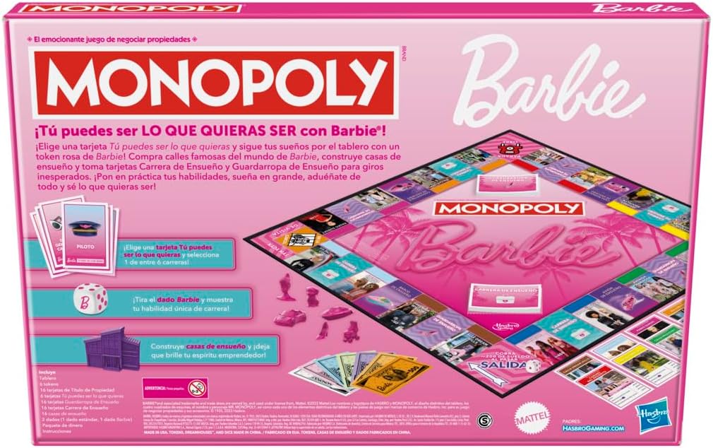 Hasbro Gaming Monopoly Barbie Fun Board Game for the Whole Family with 6 Pink Zinc Tokens Barbie for 2-6 Players Ages 8+