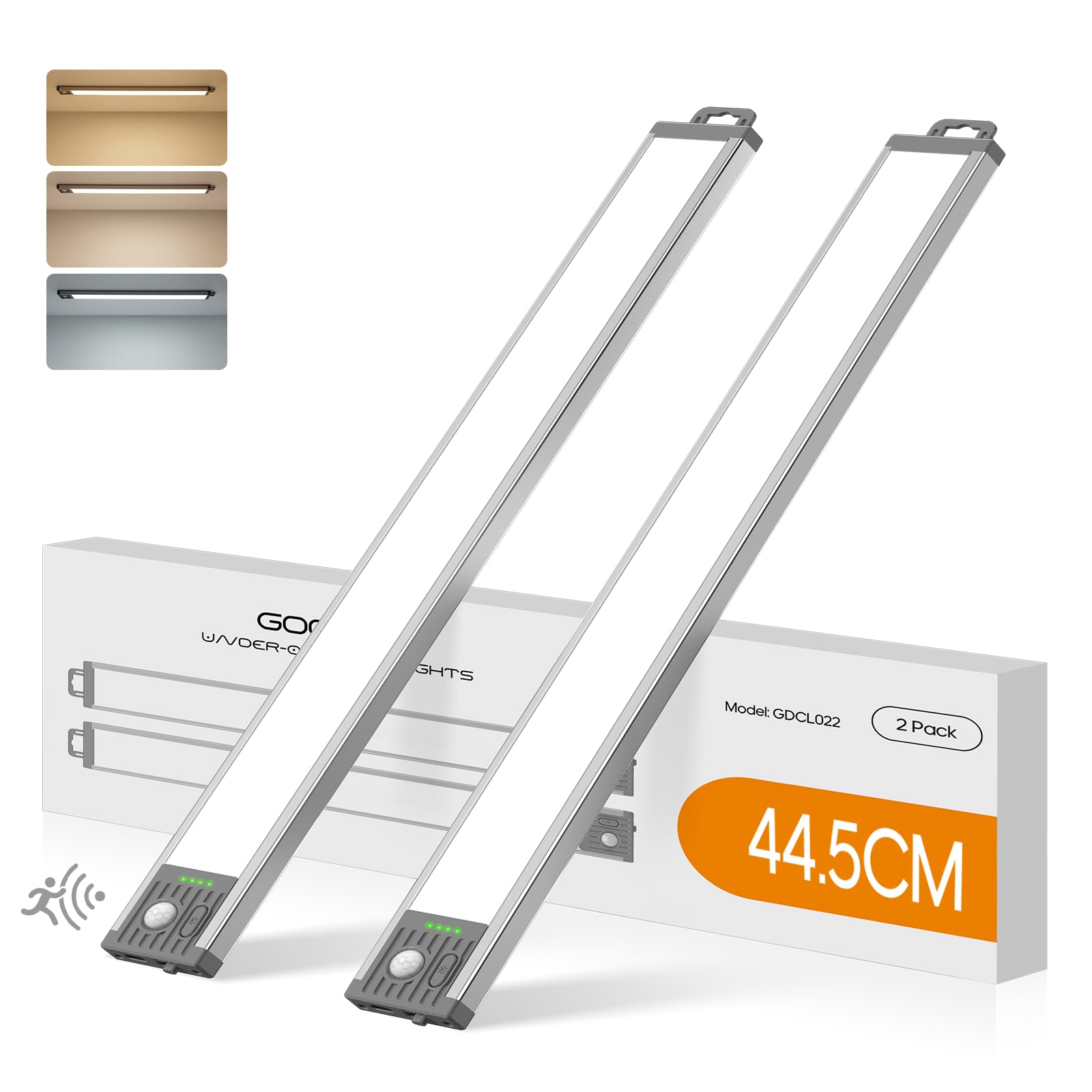 GOODEA 44.5CM Unterbauleuchte Küche LED Schrankbeleuchtung - 4500mAh Akku Bewegungsmelder Licht - 3 Farbten Dimmbar Unterschrank Beleuchtung Magnetisch LED Leiste für Küchen Schrank Büro RV [2er Set]