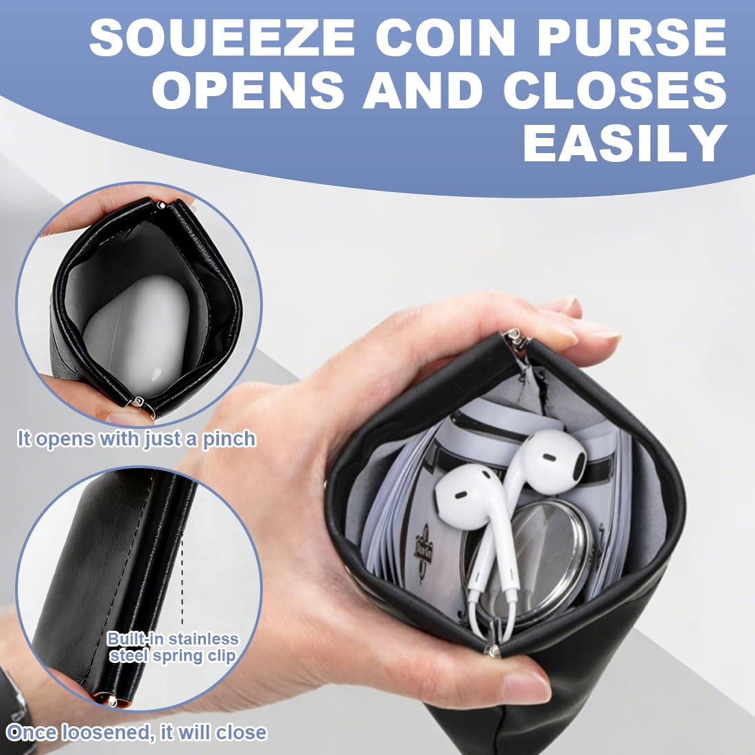 2pcs Bolsa De Almacenamiento Des Cierres Automático,Monedero Pequeño Des Piel Apretada Minimalista Negro,Para Hombre y Mujer,Fácil Almacenamiento Guardar Tarjetas,Cables De Datos y Joyas