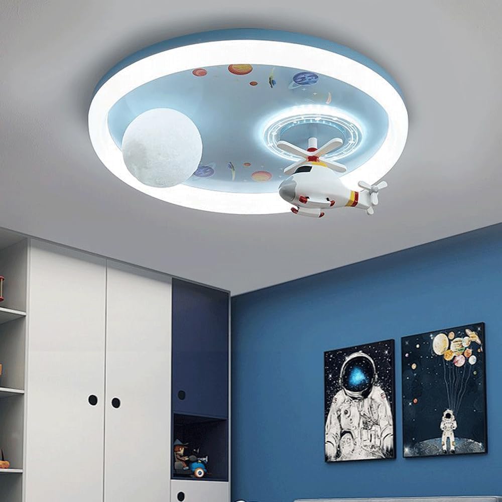 Kids Room LED Ceiling Light Modern Children's Room Embedded Installation, Remote Control dimming, Eye Protection Ceiling Lamp, Round Cartoon Design, Suitable for Girl Boy Baby Bedroom Blue 40W image 4