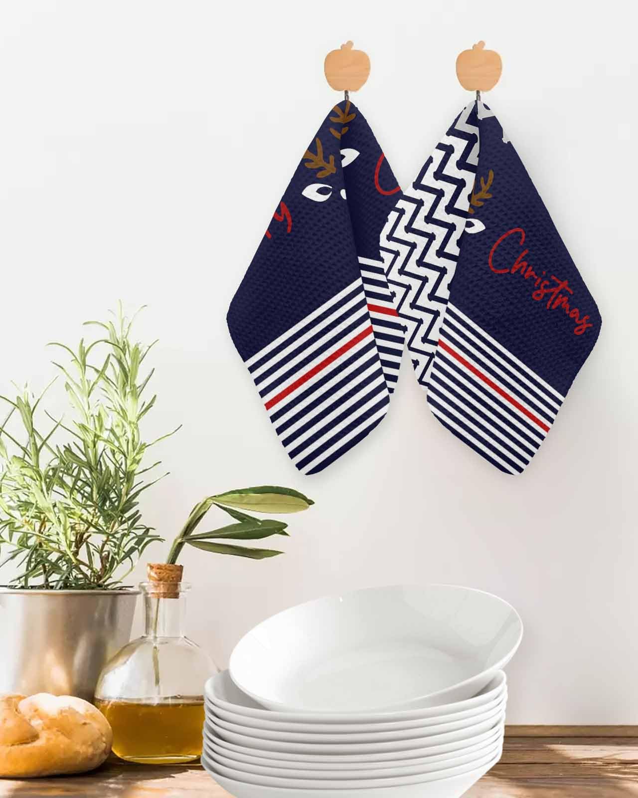 Hokiten Christmas Waffle Kitchen Towels Dishcloths, Xmas Navy Blue Striped Farmhouse Absorbent Dish Towels | Hand Towels for Bathroom/Bar, 12 x 12 Inch, 3 Pcs
