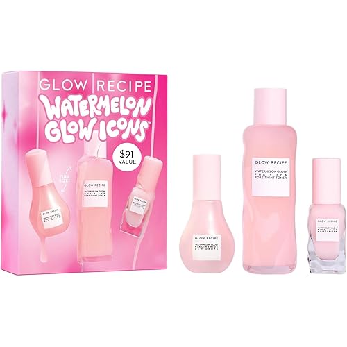 Glow Recipe Watermelon Glow Icons Skin Care Gift Set - Niacinamide Dew Drops Face Serum (40ml) + PHA + BHA Pore Minimizing Toner with Hyaluronic Acid (150ml) + Pink Juice Facial Moisturizer (25ml)