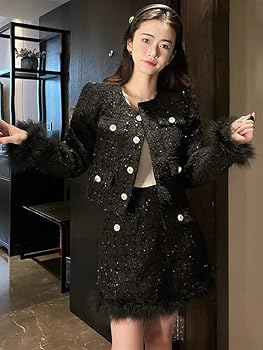 ジャケット・アウター tweed over jacket / mini skirt Autumn Winter High Quality New Blue Tweed Two-Piece Set