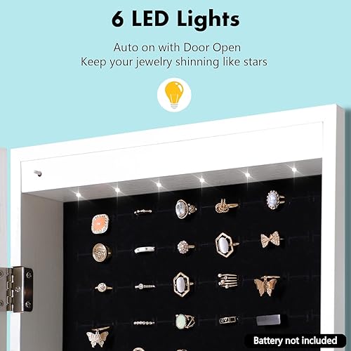 Miniatura 2 de HomVent Armario de joyería con espejo de 6 LED, espejo con almacenamiento de joyas, organizador de armario de joyería con cerradura, armario de