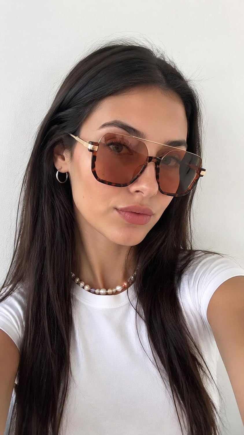 GUVIVI Square Oversized Aviator Sunglasses for Women Men 70s Semi-Frame image 2