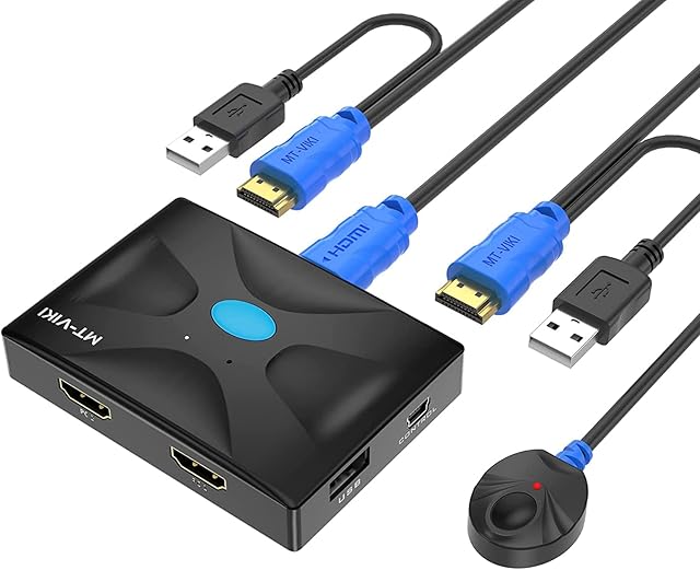 KVM Switch HDMI 2 port Boxes, MT-VIKI 4K@30hz USB KVM HDMI Console for 2 Computers share Keyboard Mouse and HD Monitor with 2 pack 2in1 KVM Cables + Desktop Selector