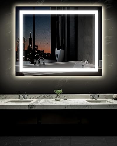 Ensenior Espejo de baño LED de 40 x 32 pulgadas con luz delantera y trasera, espejos de pared regulables sin pasos con antiniebla, a prueba de