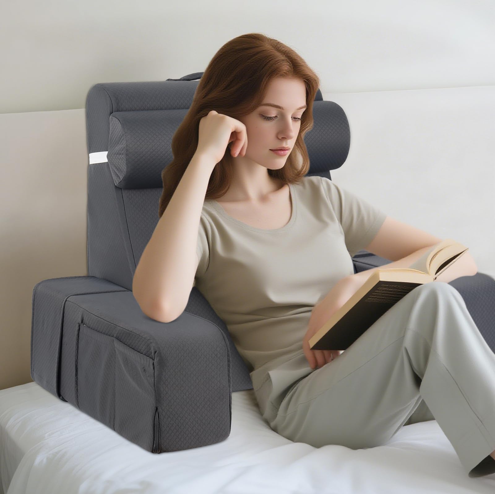 Esilihom Memory Foam Reading Pillow with Detachable Arms and Neck Roll, Back Support Cushion for Bed, Adults, Gaming, TV Watching, Dark Grey