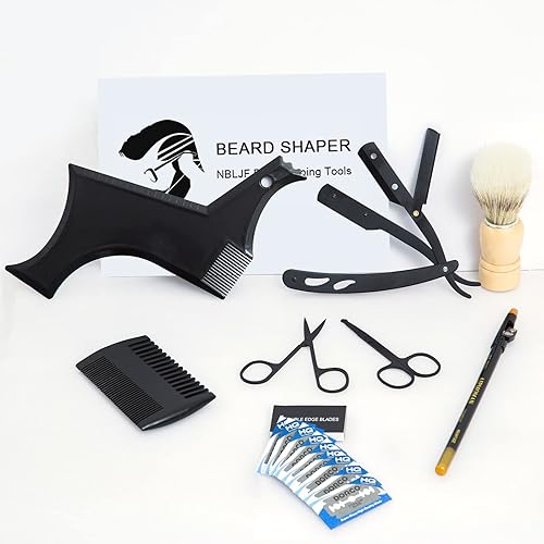 El alisador de barba para hombres incluye guía de plantilla de barba, maquinilla de afeitar profesional de borde recto, 10 unidades de hoja de doble