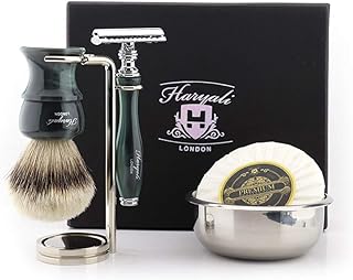 Kit de afeitado de color verde Haryali London con maquinilla de afeitar de seguridad de doble filo, cepillo, soporte, cuenco y jabón, juego perfecto para hombres
