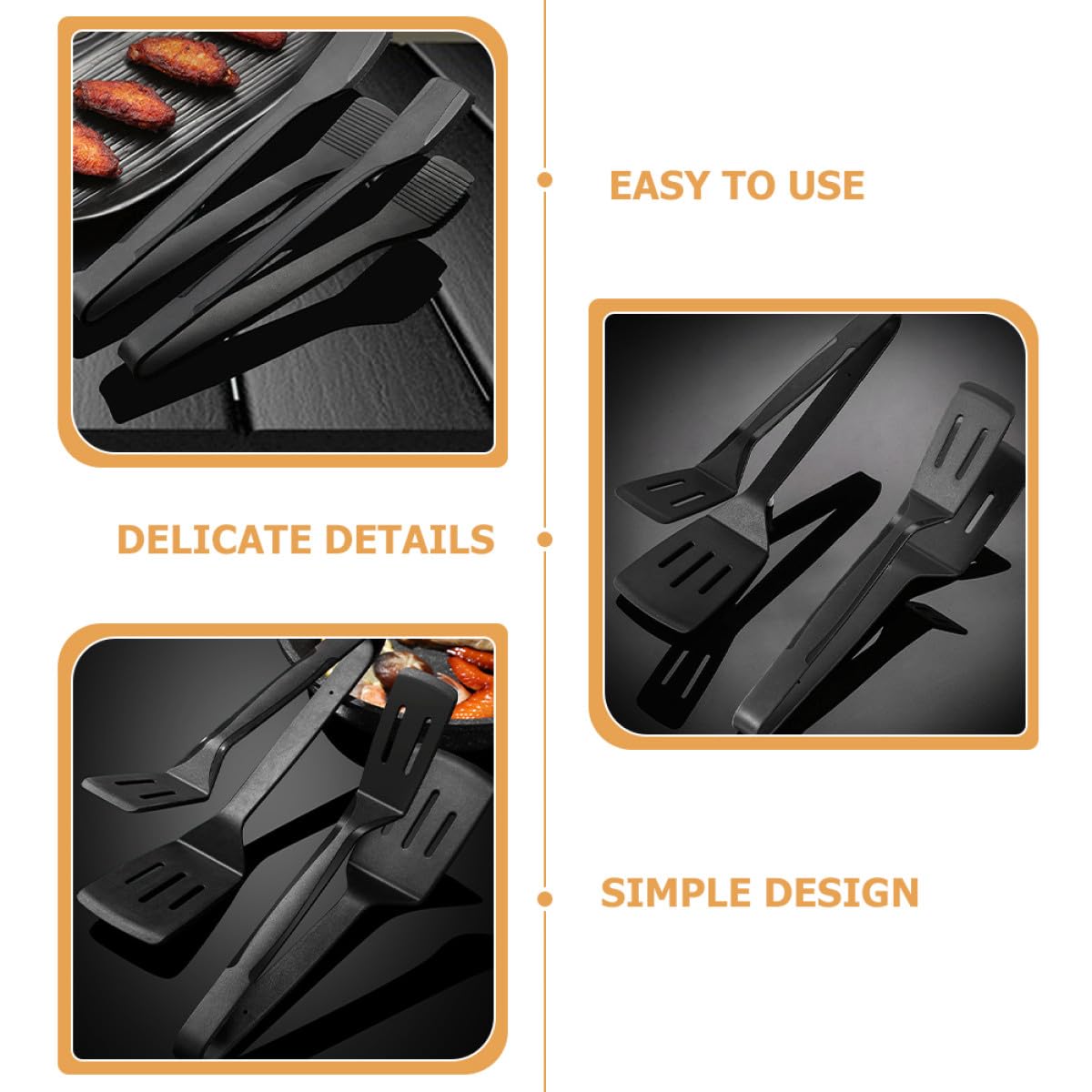 GALPADA Set 2 Pinze da Cucina in Silicone Nero per Barbecue e Forno, Resistenti al Calore, per Girare Carne, Pesce e Pasta a Casa a Colazione