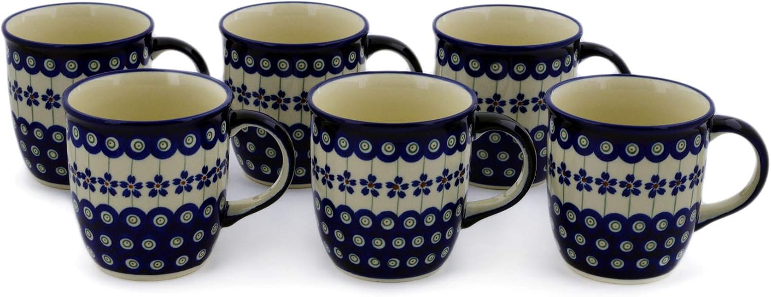 Polmedia Polish Pottery Set of Six 12oz Mugs 12 oz - Flowering Peacock Pattern Handmade in Boleslawiec Poland + Certificate of Authenticity