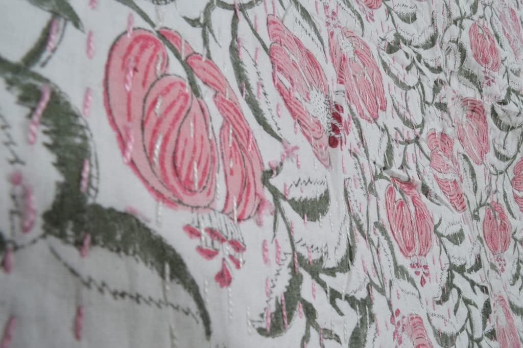 Indian Kantha Quilt Block Printed Kantha Blanket Cotton Kantha Bedspread Handmade Coverlet Throw Queen & Twin Size Kantha Bedcover (Pink, Twin(90x60))