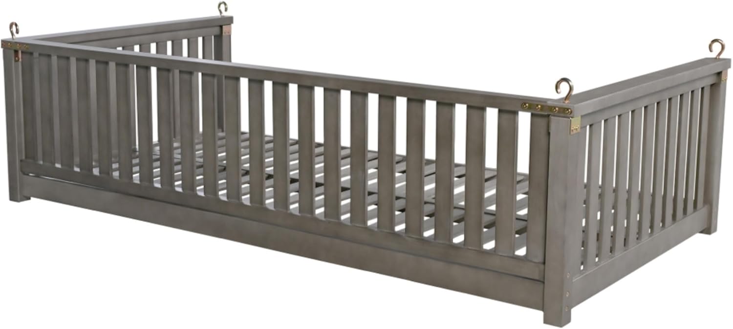 TOPMAX Patio Minimalist Twin Size Garden Swing Bed Wood Porch Swing with Ropes for Backyard, Safe Sloped Design, Teak (Gray)