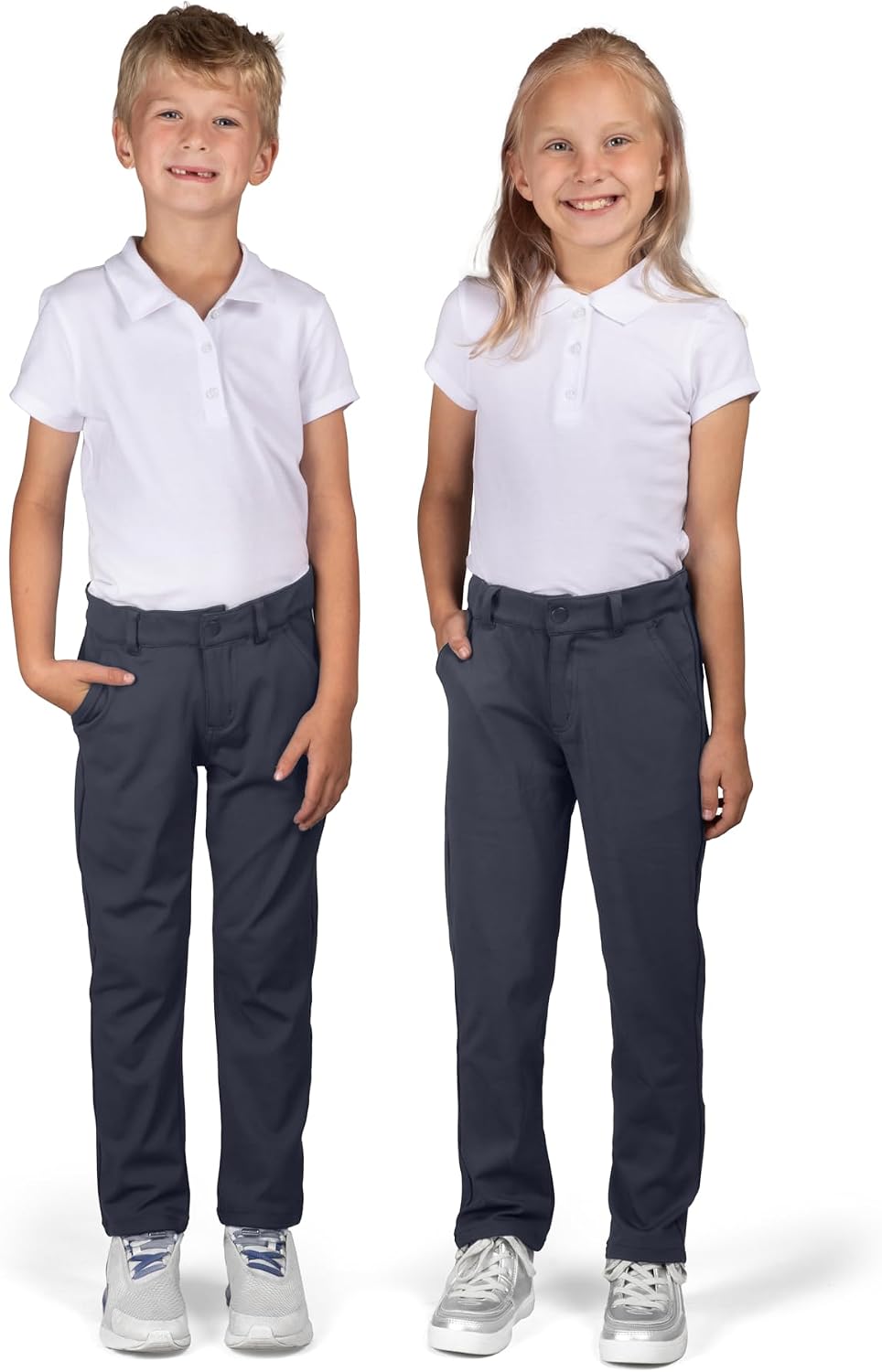 Just Us Flat Front Uniform Trousers for Boys or Girls, School Pants with Adjustable Waistband and Easy Care Fabric Navy