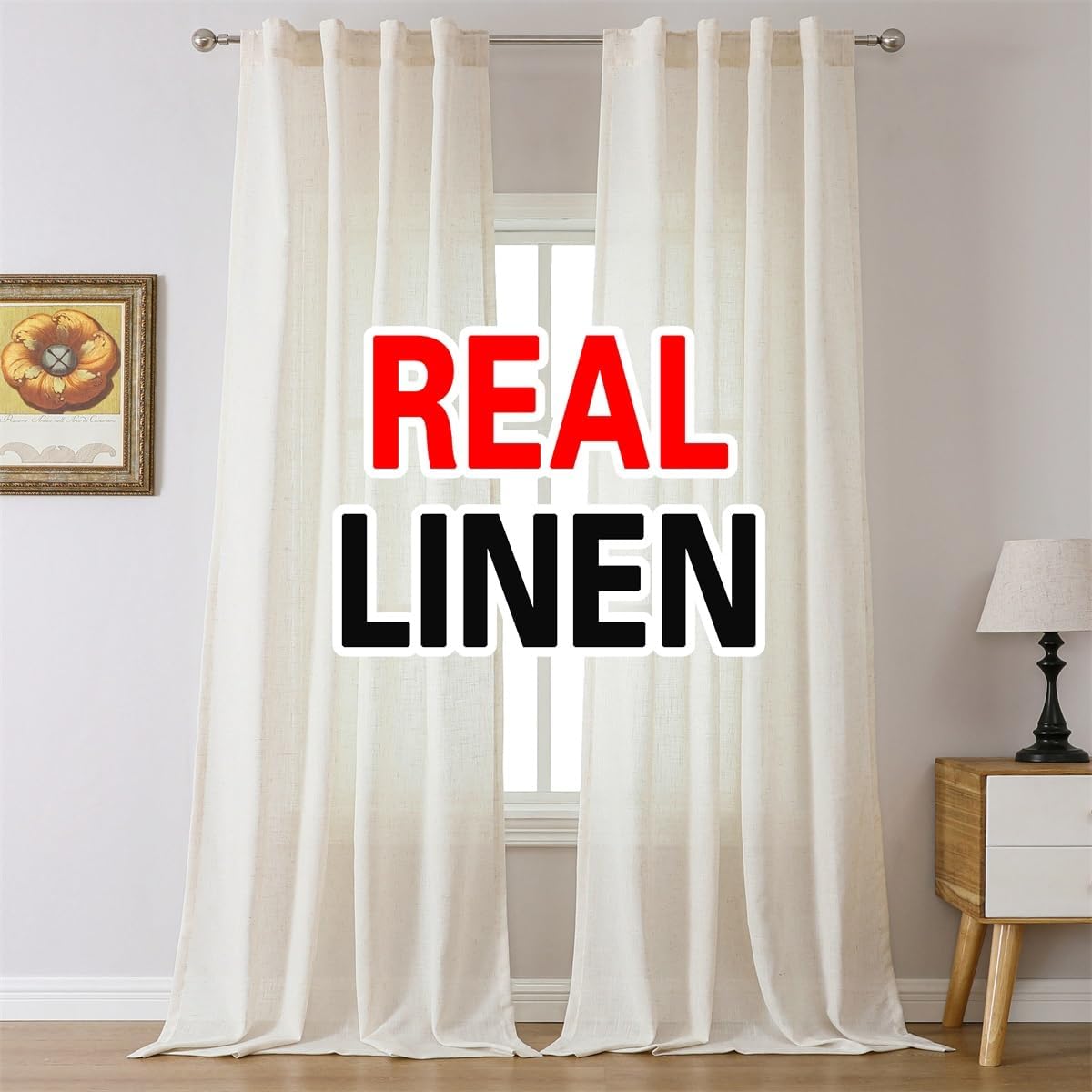 MIUCO Linen Curtains, 95 Inches Long for Bedroom & Living Room, Light Filtering, Modern Neutral Decor, Farmhouse Drapes, Rod Pocket & Back Tab, 2 Panels 2 Tiebacks, 36 Inches Wide Natural