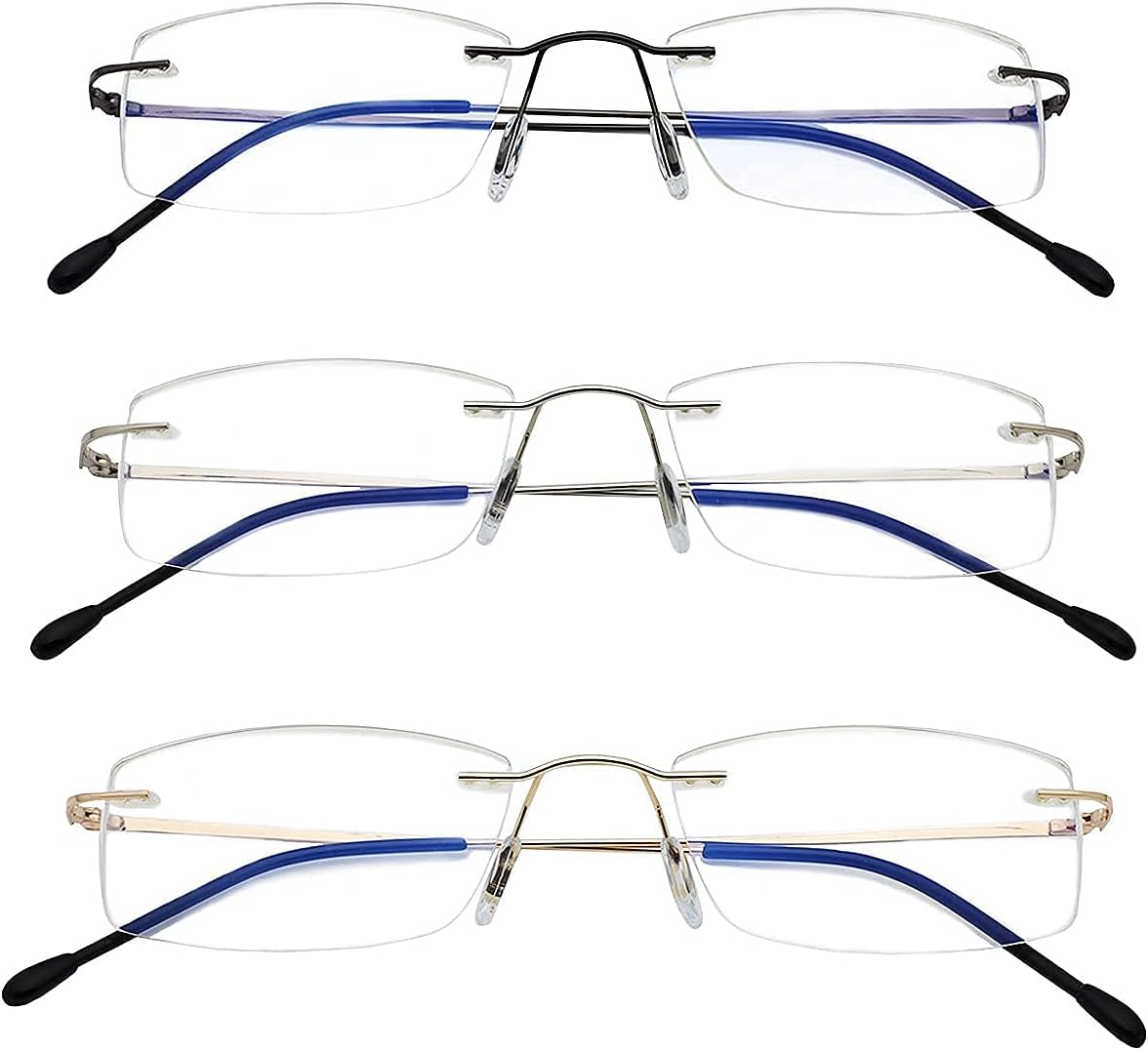 Ryegis 3 Pack Rimless Readers Blue Light Proof Reading Glasses Women Men Anti Glare Filter Lightweight Eyeglasses