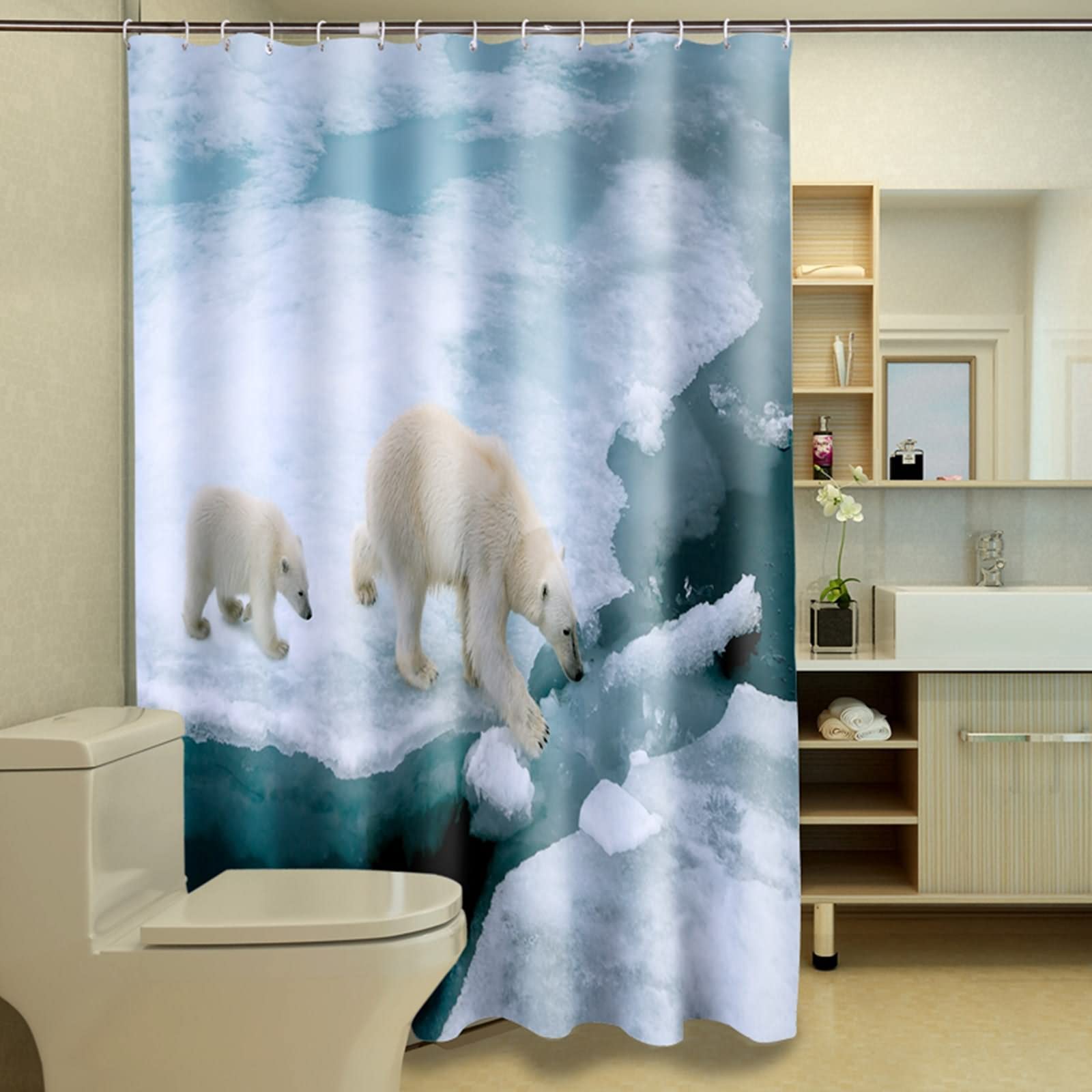 Rideau de douche japonais 200x180 grand format motif animal polaire blanc bleu