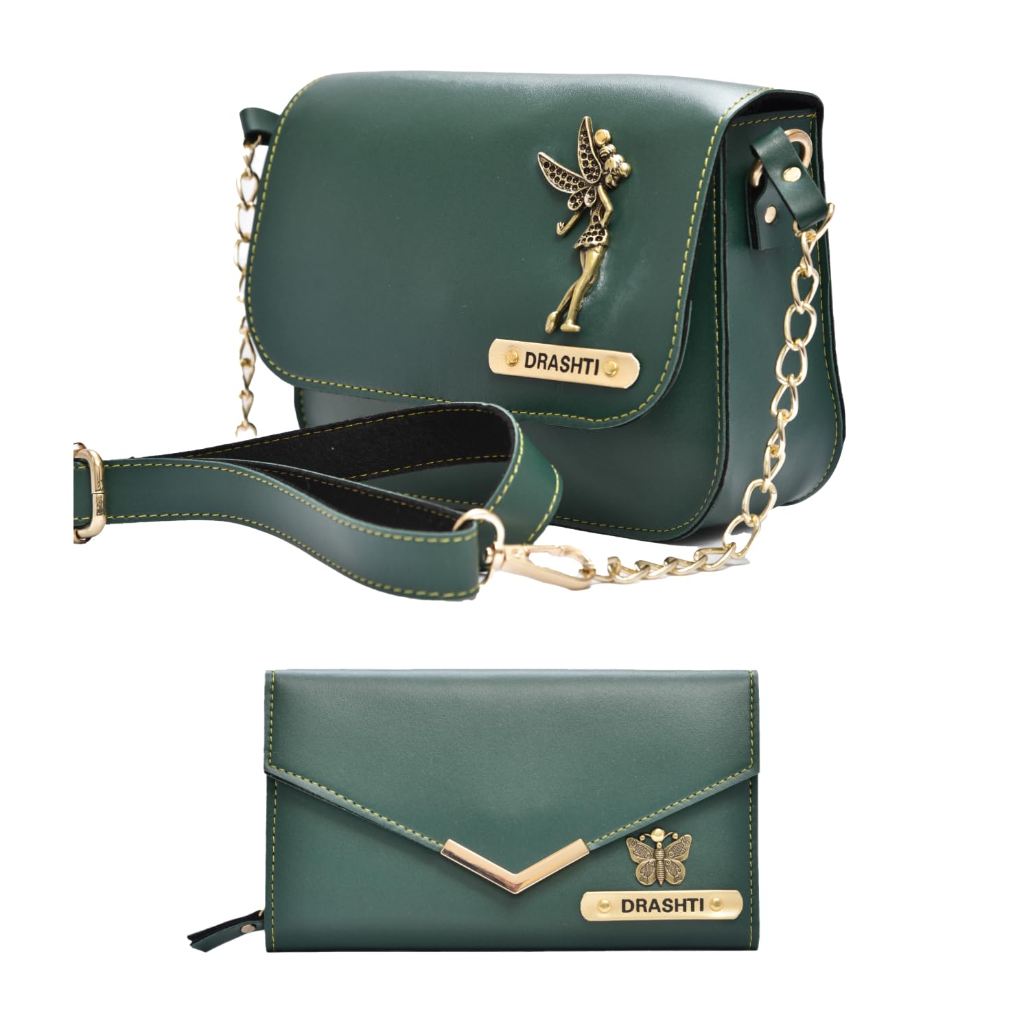 your gift studio Customized Leather Ladies Wallet with Chain Sling Bag with Name Engrave | Personalized Anniversary Gift Set for Wife | Birthday Gift Set for Women (Green)-picture-11