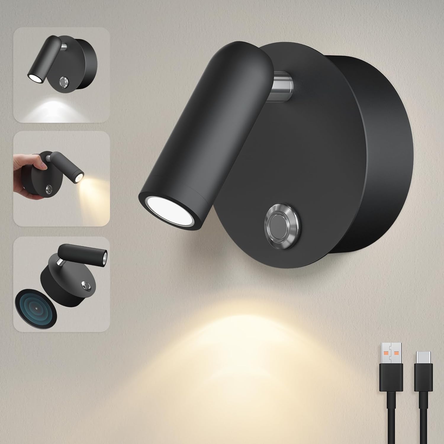 HYMELA M09 LED Wall Light Battery Operated Wall Mounted Reading Light, Rechargeable
