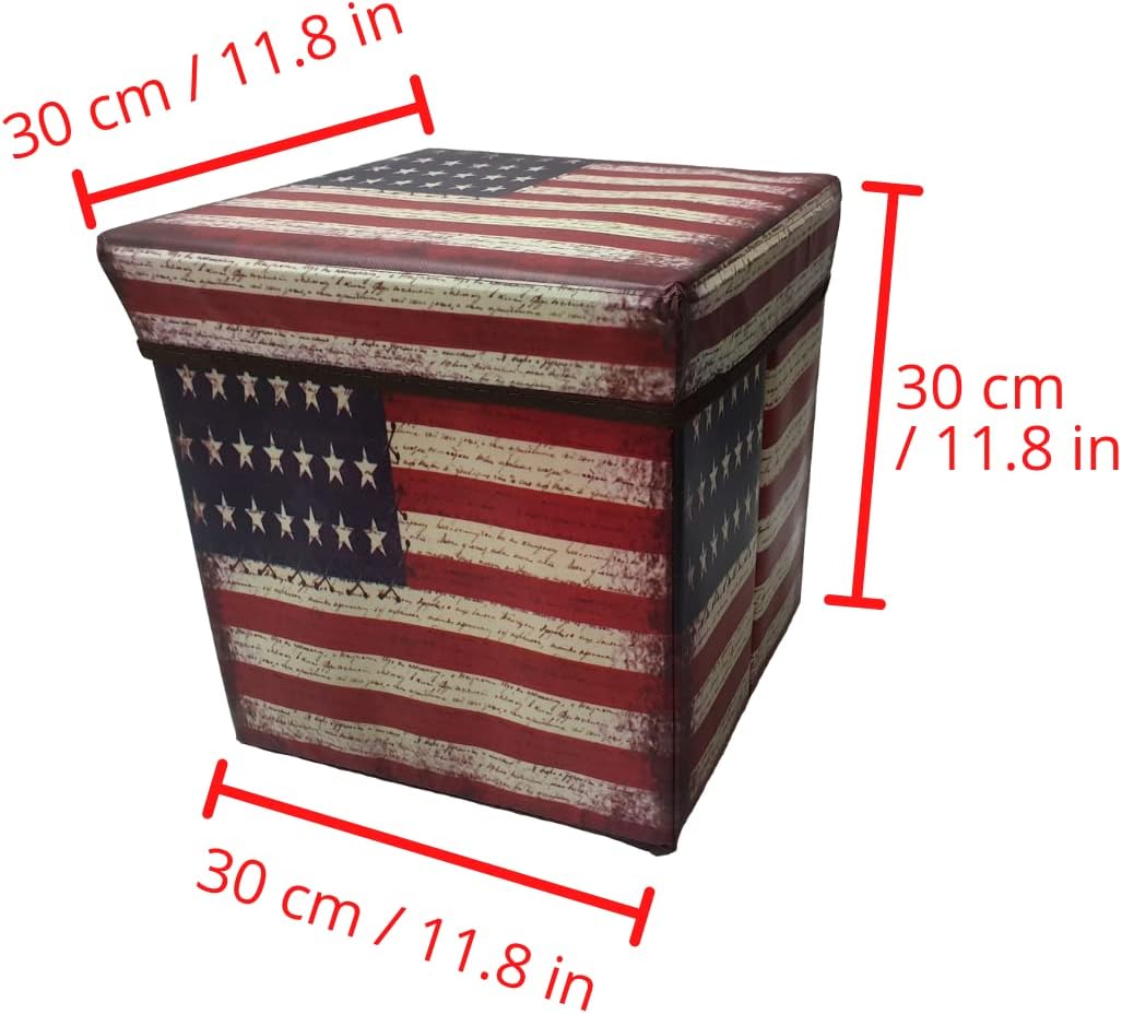 Macro Giant Foldable Storage Stool, Set of 1, USA National Flag Pattern, 11.8 x 11.8 x 11.8 inch, Toy Box, Shoe Bench, Footstool, Clothes, Book Storage