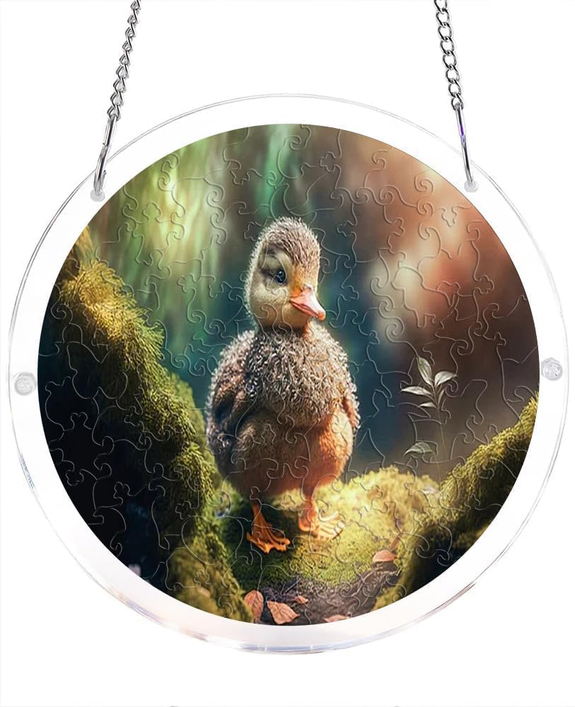 Duckling in Forest Acrylic Jigsaw Puzzles Suncatcher, 8.2 Inch Window Hanging Suncatcher Acrylic Puzzle, DIY Home Decor Art Gift