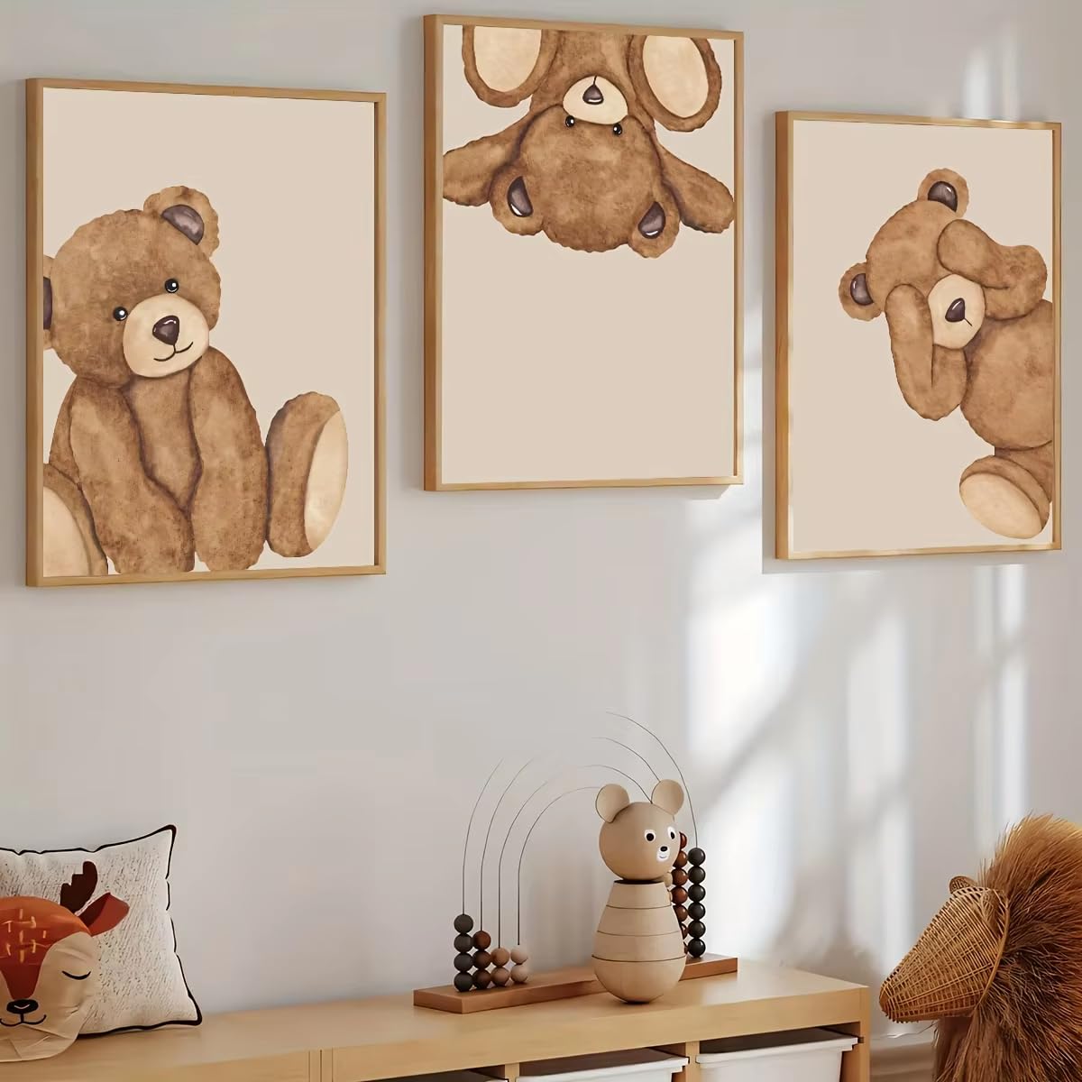 XIANGPEIFBH 3pcs Cute Brown Bear Canvas Print Poster Cartoon Animal Abstract Art Prints Living Room Wall Art Home Decor Poster((60x80cm/24x31in) x3/Unframed)