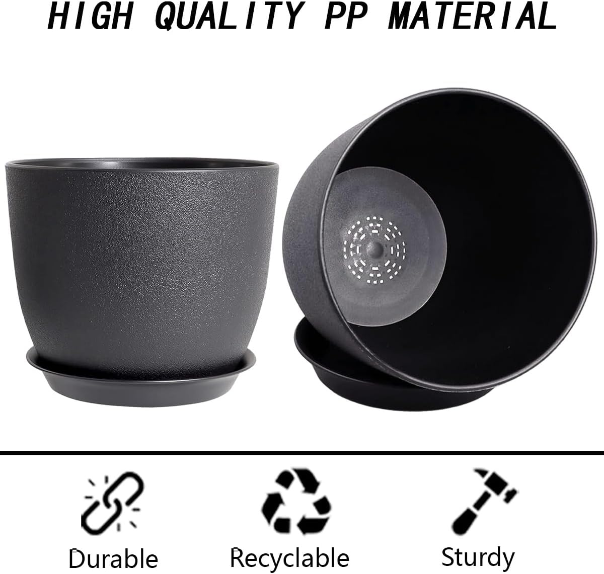 12 Inch 2 Pack Outdoor Flower Pots, Planting Pots with Saucers, Garden House Plants Planters with Drainage Hole Plant Pots Indoor Plants Black Color Plastic