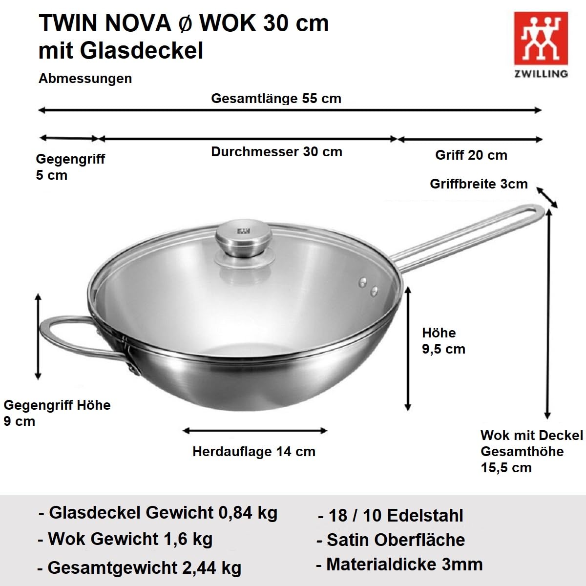 Zwilling TwinNova3 Wokpfanne 30cm + Schmorpfanne 24 cm mit 2x Glasdeckel, 4 tlg, Wok + Schmor Pfanne Unbeschichtet, Spülmaschinenfest, rutschfester Griff, FÜR ALLE HERDARTEN, Silber