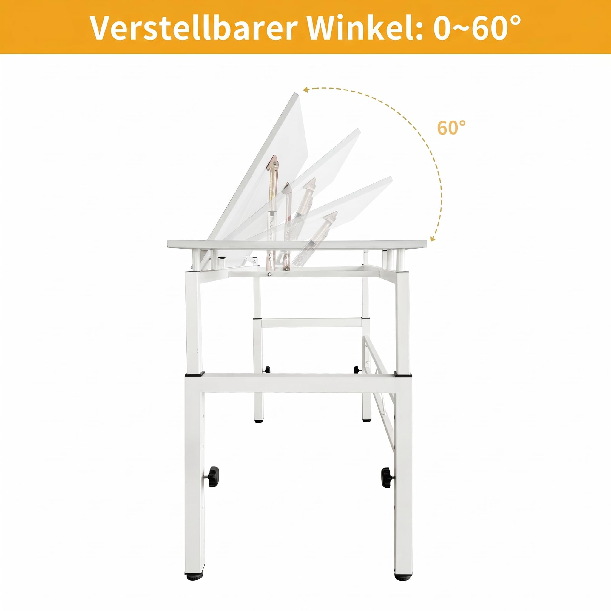 Zeichentisch mit 4 Nivellierfüßen, Schreibtisch mit Verstellbarer Tischplatte(0-60 Grad), Architektentisch, Schülerschreibtisch für Techniker, Architekten, 120x60x77-100cm, Weiß