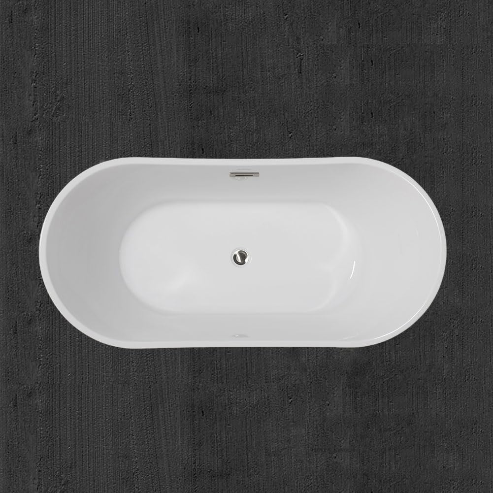 WOODBRIDGE 59" Acrylic Freestanding Bathtub Contemporary Soaking White Tub with Chrome Overflow and Drain