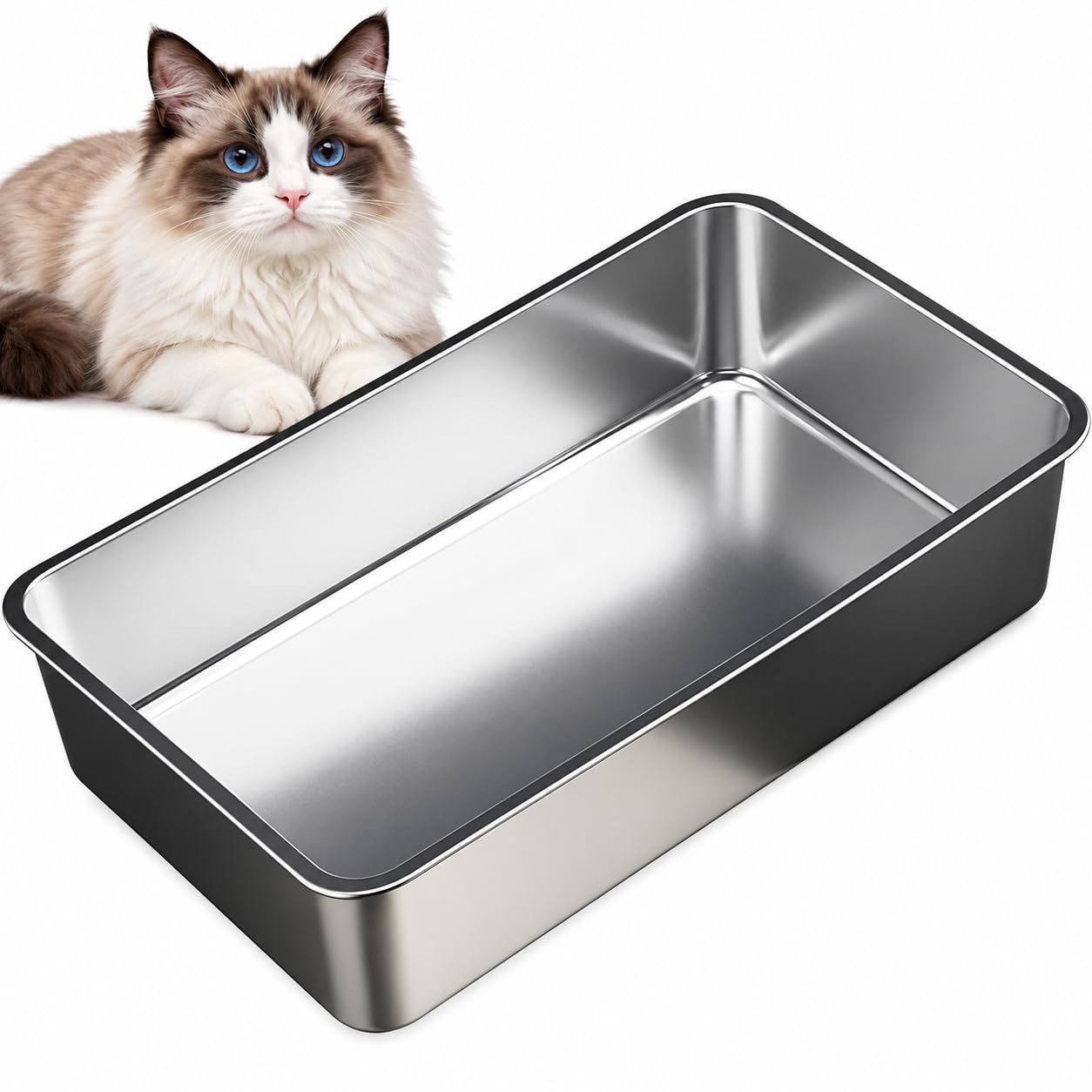 PWRco Stainless Steel Cat Litter Tray, XL Pan, Box Trays Large 60x40x20cm
